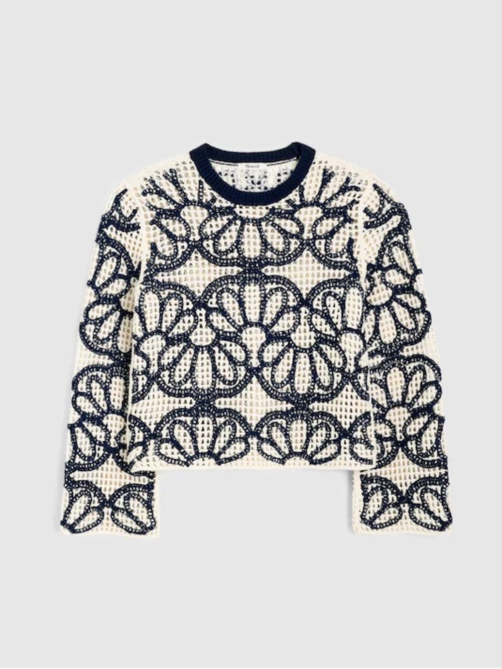 Madewell Floral-Embroidered Open-Stitch Sweater in Navy Cream Size Small NWT